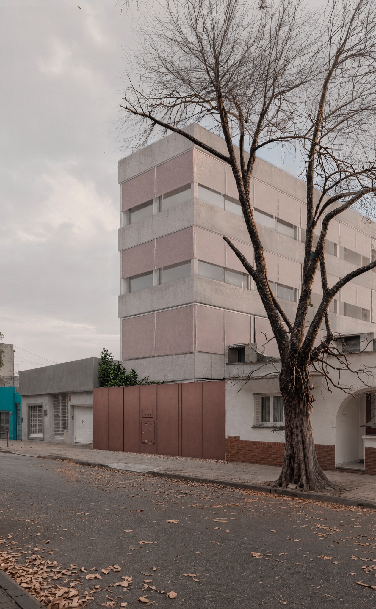 Edificio de hormigón visto detrás de un árbol en una calle residencial