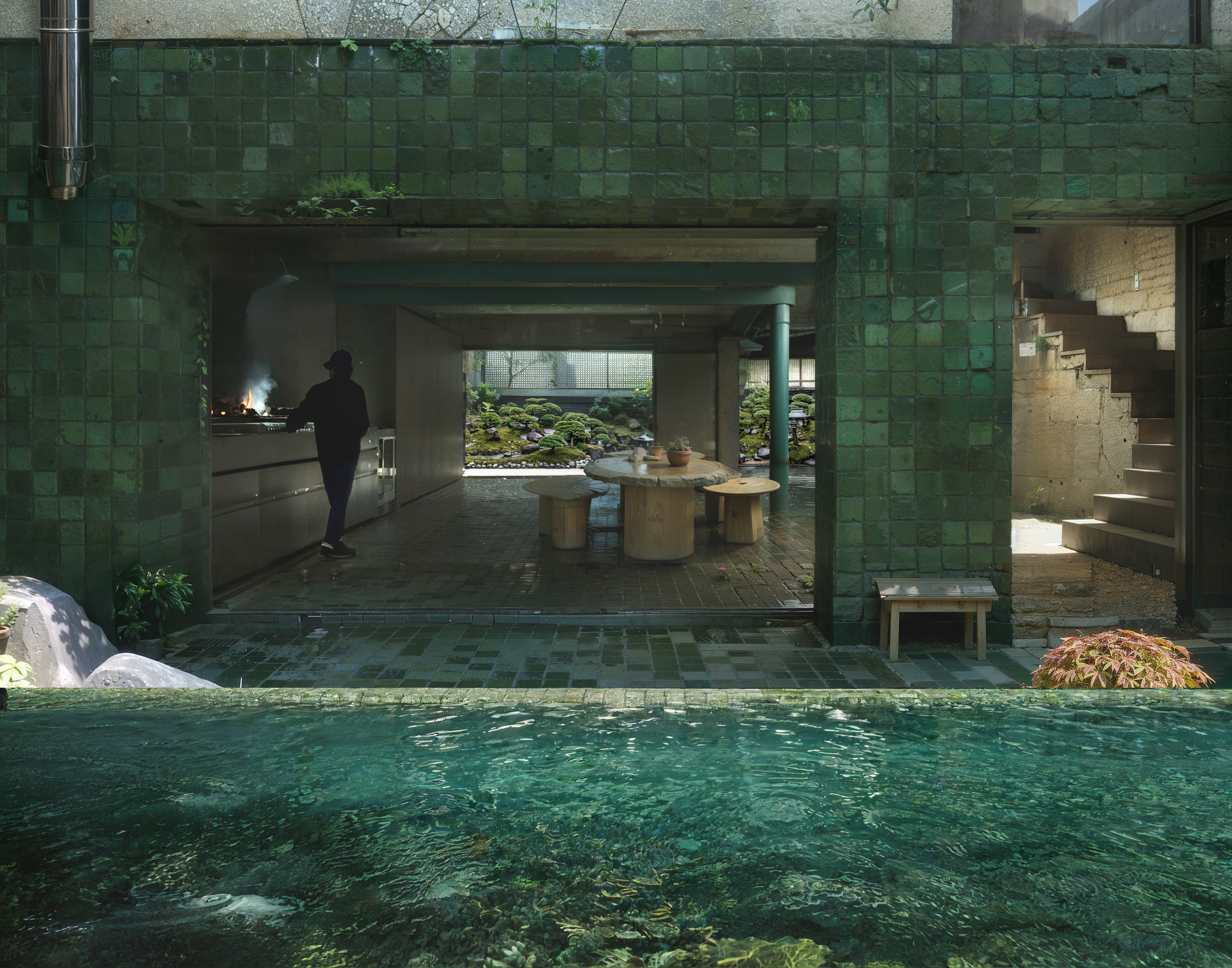 Vista desde la piscina hacia la cocina y el jardín interior